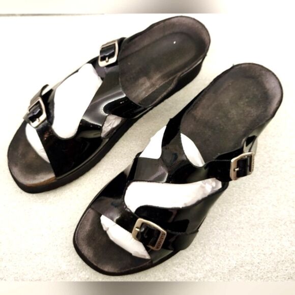 Mephisto Black Patent Strappy Wedge Heel Sandals Sz 9 Shoes - Picture 3 of 16